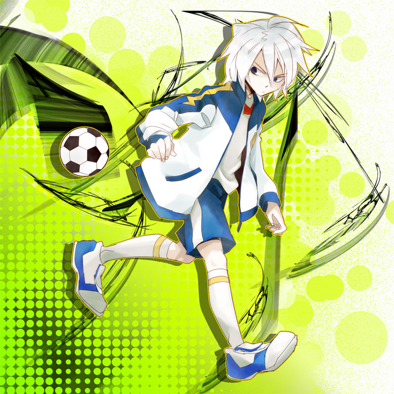 1boy ball black_eyes child grey_hair inazuma_eleven inazuma_eleven_(series) male_focus mudomudo soccer_ball soccer_uniform solo sportswear yamino_kageto