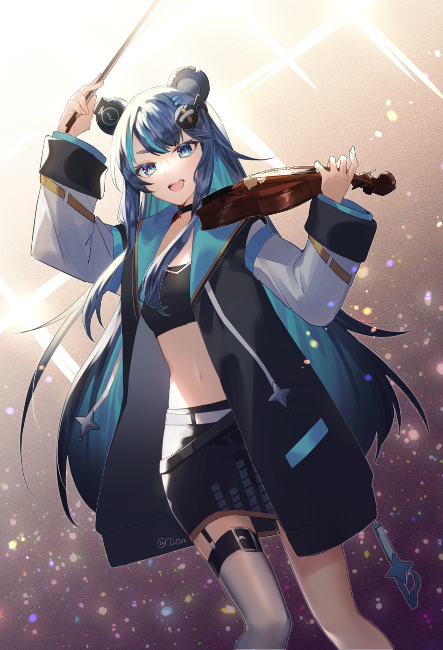 1girl 720yen animal_ears bandeau bear_ears bear_girl belt black_bandeau black_belt black_choker black_coat black_skirt blue_eyes blue_hair choker coat colored_inner_hair commission fortissimo fujikura_uruka fujikura_uruka_(1st_costume) hair_ornament headphones highres holding holding_instrument holding_violin instrument midriff multicolored_hair musical_note musical_note_hair_ornament navel open_mouth phase_connect single_thighhigh skeb_commission skirt solo teeth thigh_belt thigh_strap thighhighs twitter_username two-tone_hair upper_teeth_only violin virtual_youtuber white_belt white_thighhighs
