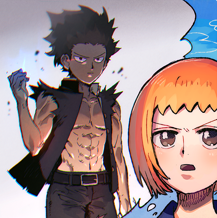 1boy 1girl abs aoki_(fumomo) bare_arms bare_pectorals bare_shoulders belt belt_buckle black_belt black_eyes black_hair black_jacket black_pants blue_background blue_sailor_collar bob_cut brown_eyes buckle closed_mouth collarbone collared_jacket cowboy_shot denim expressionless fingernails forehead gakuran high_collar imagining jacket jeans kageyama_shigeo magic mezato_ichi mob_psycho_100 navel official_style open_clothes open_jacket orange_hair pants pectorals portrait sailor_collar school_uniform short_hair sleeveless sleeveless_jacket speech_bubble spiked_hair thought_bubble toned toned_male torn_clothes torn_jeans torn_pants undershirt v-shaped_eyebrows