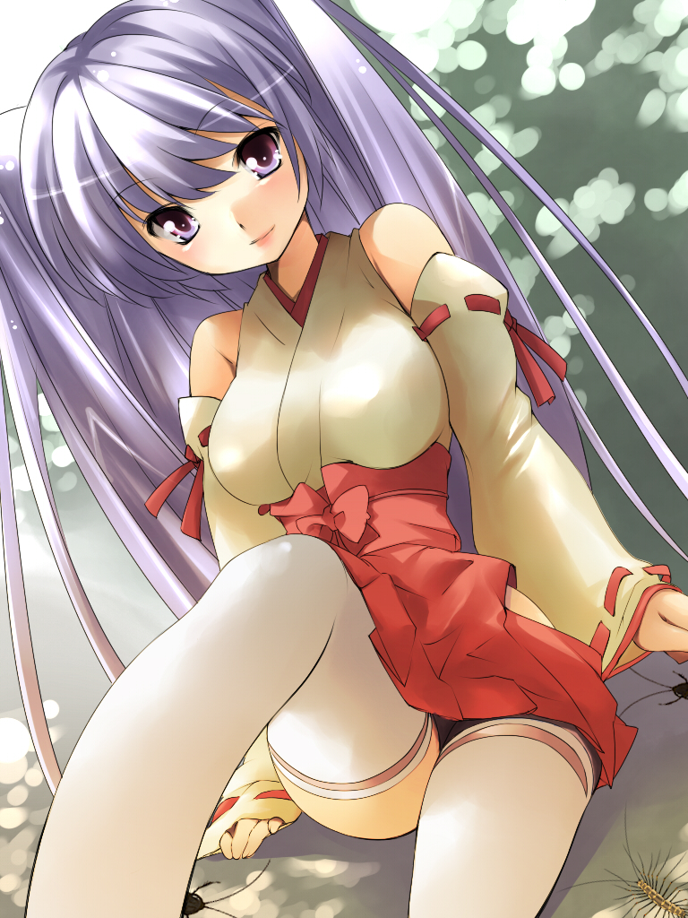 1girl adapted_uniform alric breasts detached_sleeves female_focus japanese_clothes miko nature original outdoors purple_eyes purple_hair solo thighhighs white_thighhighs