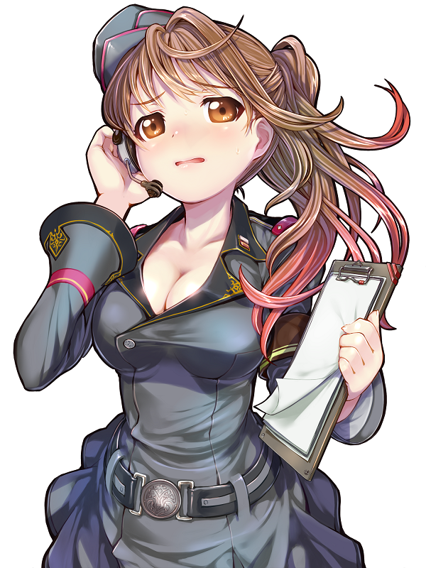 1girl army blush breasts brown_eyes brown_hair carol_(vivid_army) cleavage female_focus g123 game_cg hat large_breasts long_hair looking_at_viewer military military_hat military_uniform second-party_source shy skirt solo source_request vivid_army white_background