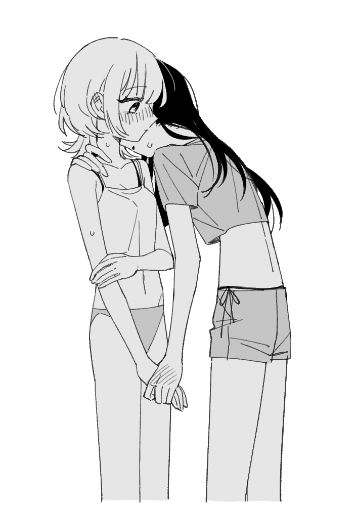 2girls bang_dream! bang_dream!_it&#039;s_mygo!!!!! blush cameltoe commentary_request greyscale hand_on_another&#039;s_shoulder head_on_another&#039;s_shoulder holding_hands kaname_raana korean_commentary long_hair medium_hair monochrome multiple_girls neonfloyd panties shiina_taki short_hair sweat underwear wolf_cut yuri