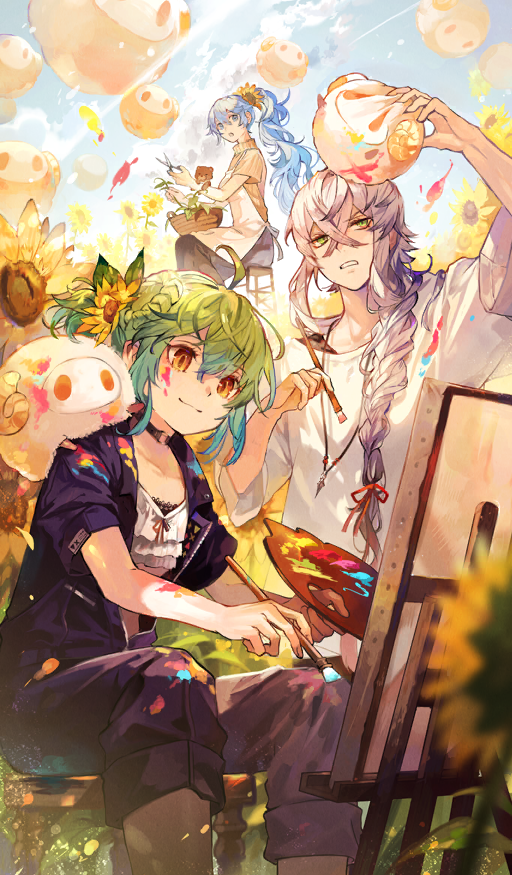 1girl 2boys ahoge androgynous annoyed apollo_(fate) apron artemis_(color_me_true)_(fate) artemis_(fate) asclepius_(color_me_true)_(fate) asclepius_(fate) basket black_jumpsuit blue_eyes blue_hair blue_skirt blue_sky blurry braid breasts brown_shirt canvas_(object) closed_mouth collarbone commentary crop_top crossed_bangs day depth_of_field easel fate/grand_order fate_(series) floating flower frilled_shirt frills gradient_hair green_eyes green_hair grey_hair hair_between_eyes hair_flower hair_ornament hair_over_shoulder high_ponytail holding holding_paint_palette holding_paintbrush holding_scissors holding_stuffed_toy jewelry jumpsuit long_hair looking_to_the_side looking_up multicolored_hair multiple_boys official_alternate_costume official_art open_jumpsuit open_mouth orange_eyes orion_(bear)_(fate) outdoors ozaki_domino paint paint_on_clothes paint_palette paint_splatter paint_splatter_on_face paintbrush painting_(action) paris_(fate) parted_lips partially_unzipped pendant ponytail scissors shirt short_hair short_sleeves side_braid sidelocks single_braid sitting skirt sky smile stuffed_animal stuffed_toy sunflower sunlight teddy_bear teeth third-party_source too_many trap turtleneck turtleneck_shirt very_long_hair white_apron white_shirt