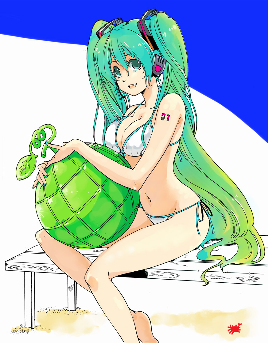 1girl acm bad_id bad_pixiv_id barefoot bikini breasts cleavage female_focus food fruit green_eyes green_hair halterneck hatsune_miku headphones headset long_hair matching_hair/eyes mmk_(majinai_no_mori) net side-tie_bikini_bottom sitting smile solo string_bikini swimsuit twintails very_long_hair vocaloid white_bikini