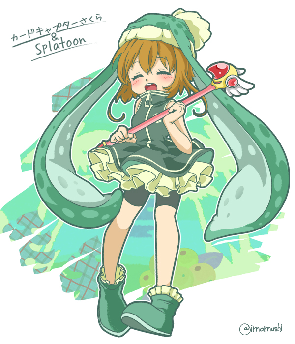1girl bare_arms bike_shorts black_shorts brown_hair cardcaptor_sakura closed_eyes commentary_request cosplay fuuin_no_tsue green_footwear green_hat hat imomushi_(pixiv_9001433) inkling_player_character inkling_player_character_(cosplay) kinomoto_sakura nintendo short_hair shorts solo splatoon_(series) twitter_username zipper_pull_tab