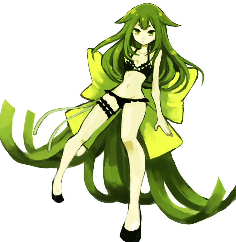 1girl bikini black_bikini breasts commentary_request expressionless full_body gatchaman_crowds green_eyes green_hair haruhito_(divineshalt) long_hair looking_at_viewer miya_utsutsu navel simple_background small_breasts solo swimsuit very_long_hair white_background