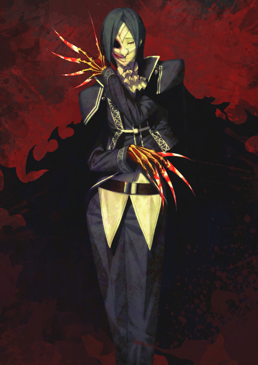 1boy ambiguous_red_liquid ascot belt black_cape black_hair blue_jacket blue_pants bone brown_belt cape closed_mouth collared_shirt colored_skin dress_pants fate/grand_order fate_(series) feet_out_of_frame half_mask hand_up horror_(theme) jacket knife legs_together long_sleeves looking_at_viewer male_focus mask medium_hair official_art pants parted_bangs phantom_of_the_opera_(fate) red_background red_eyes red_skin revision shima_udon shirt solo standing third-party_source torn_cape torn_clothes variant_set white_ascot white_mask white_shirt wing_collar