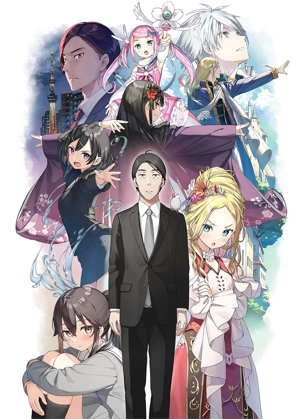 4boys 5girls akutsu_(sasaki_to_p-chan) animal animal_on_shoulder bird bird_on_shoulder black_hair black_suit blonde_hair blue_eyes dress elsa_muller_(sasaki_to_p-chan) flower formal_clothes futarishizukashi_(sasaki_to_p-chan) green_eyes grey_necktie grey_skirt hair_flower hair_ornament hairclip highres hoshizaki_(sasaki_to_p-chan) japanese_clothes java_sparrow julius_muller_(sasaki_to_p-chan) kantoku kimono kneehighs long_hair looking_at_viewer magical_pink_(sasaki_to_p-chan) multiple_boys multiple_girls necktie official_art otonari-san_(sasaki_to_p-chan) p-chan_(sasaki_to_p-chan) pink_hair pleated_skirt ponytail prince_adonis_(sasaki_to_p-chan) purple_eyes purple_kimono sasaki_(sasaki_to_p-chan) sasaki_to_p-chan sidelocks sitting skirt socks suit tokyo_skytree twintails white_hair wide_sleeves