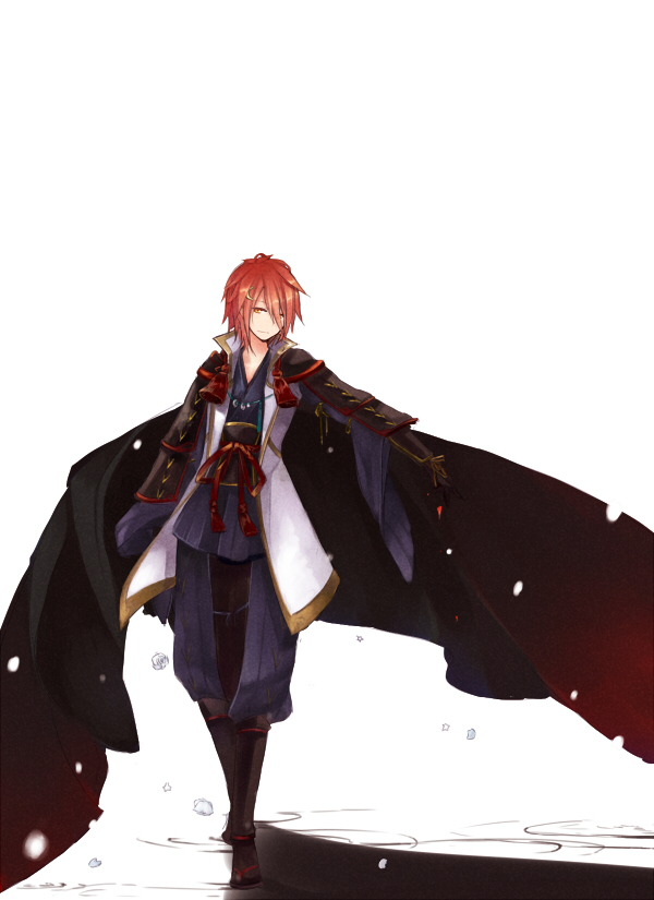1boy armor black_cape black_pants black_sandals black_shirt cape closed_mouth coat commentary_request crescent crescent_hair_ornament full_body hair_ornament japanese_armor kagerou_(ragnarok_online) kote kurokote looking_at_viewer male_focus open_clothes open_coat orange_eyes orange_hair pants ragnarok_online sandals shin_guards shirt short_hair simple_background sleeveless sleeveless_coat smile solo wane_(ruki) white_background white_coat zouri