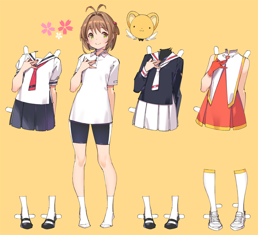 1girl bike_shorts black_shirt blush brown_hair cardcaptor_sakura cheerleader dress-up full_body green_eyes kero_(cardcaptor_sakura) kinomoto_sakura kisekae looking_at_viewer neckerchief pleated_skirt popqn school_uniform serafuku shirt shoes short_hair simple_background skirt socks tomoeda_elementary_school_uniform yellow_background