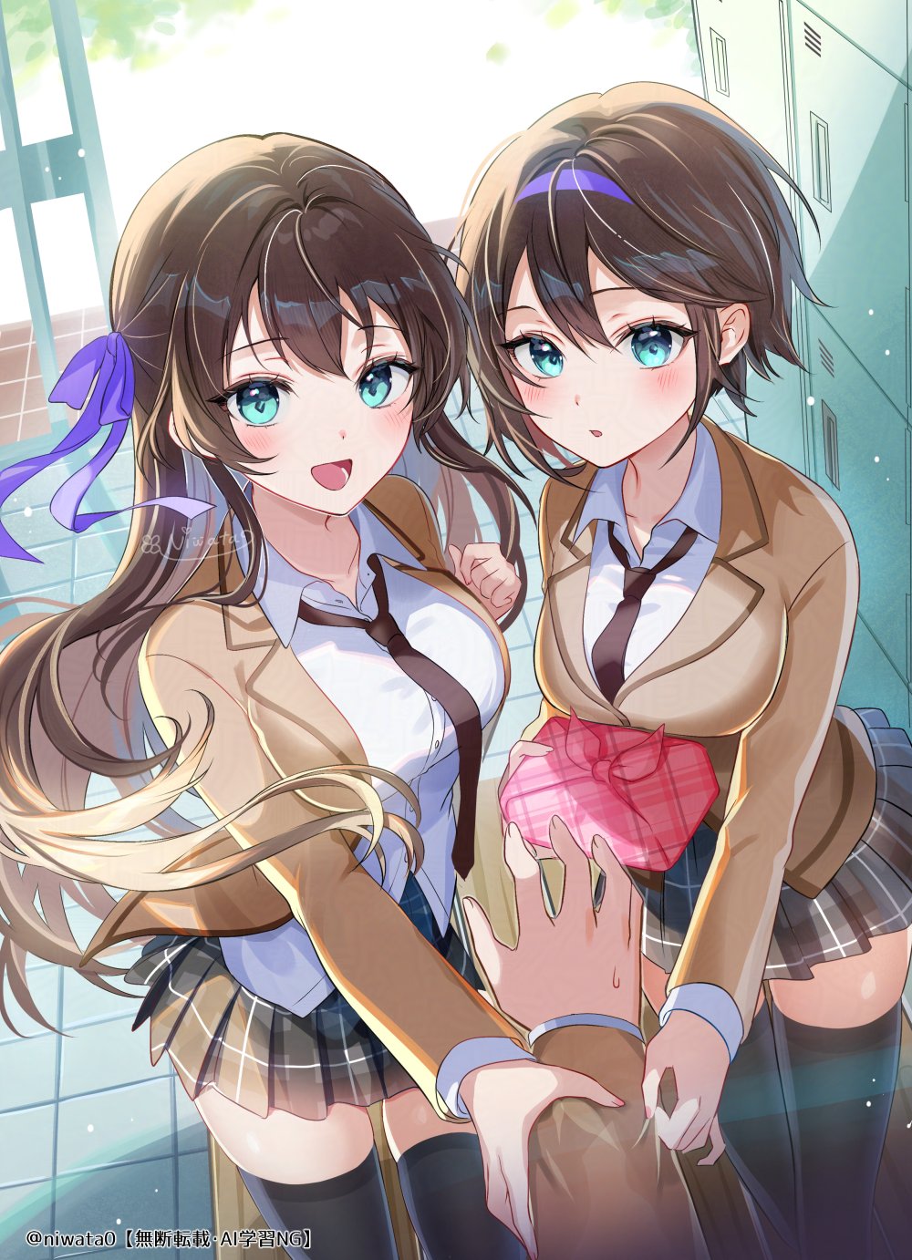 1boy 2girls bento black_thighhighs blazer blue_eyes blush bow breasts brown_hair brown_jacket collared_shirt hair_ornament hair_ribbon highres holding_bento jacket long_hair long_sleeves looking_at_viewer medium_breasts multiple_girls necktie niwata0 open_clothes open_jacket open_mouth original pleated_skirt purple_ribbon ribbon school_uniform shirt short_hair skirt smile thighhighs white_shirt wrapped_bento