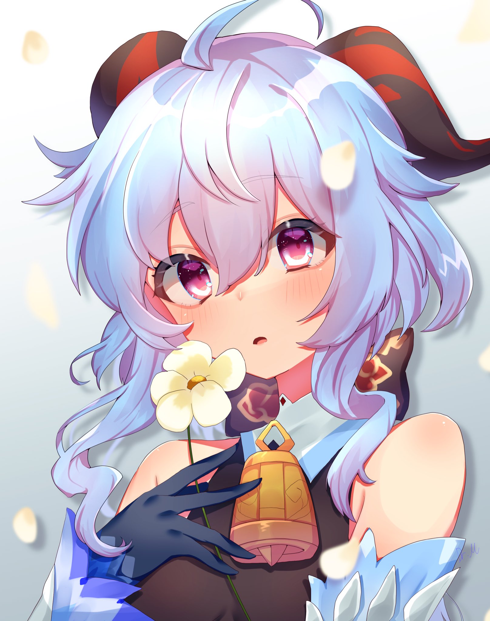 ahoge bare_shoulders bell black_gloves blue_hair blush bow bowtie detached_sleeves flower ganyu_(genshin_impact) genshin_impact gloves highres holding holding_flower horns looking_at_viewer makalo_ni_hakase neck_bell open_mouth petals purple_eyes sidelocks solo white_sleeves