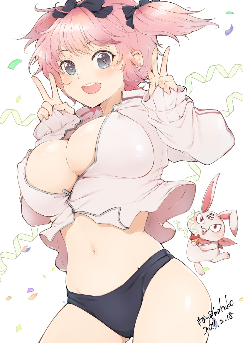 +_+ _+ black_buruma blue_eyes bow breasts buruma cleavage confetti double_v flower-shaped_pupils hair_bow hibari_(senran_kagura) jacket kinako_(mzknk0) large_breasts light_blush navel ninto_(senran_kagura) open_mouth partially_unzipped party_popper pink_hair pink_pupils rabbit ribbon scarf senran_kagura short_hair short_twintails simple_background smile symbol-shaped_pupils teeth track_jacket twintails upper_teeth_only v