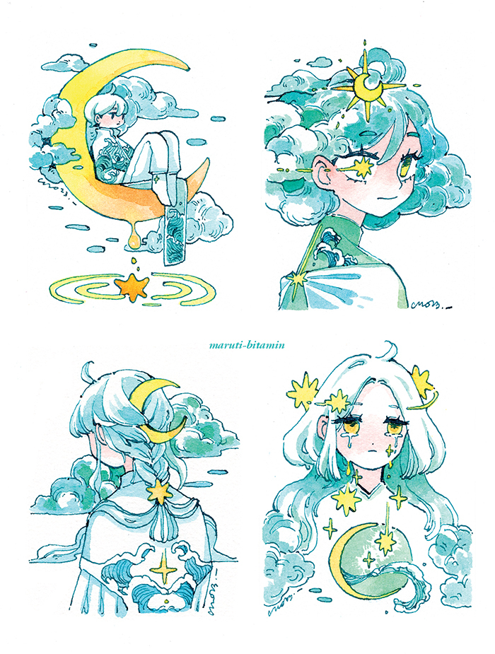 1boy 3girls ahoge artist_name blue_clouds blue_hair braid cape clasp cloud cloud_hair collage colored_inner_hair crescent crescent_hair_ornament crescent_moon crying crying_with_eyes_open falling_star from_behind frown hair_ornament high_collar ink_(medium) jacket liquid long_hair maruti_bitamin moon multicolored_hair multiple_girls on_moon original painting_(medium) pants portrait print_jacket print_shirt ripples shirt short_hair simple_background single_braid sitting star_(symbol) star_hair_ornament star_in_eye sun_hair_ornament symbol_in_eye tears traditional_media upper_body water watercolor_(medium) wave_print white_background white_cape white_footwear white_hair white_jacket white_pants white_shirt yellow_eyes