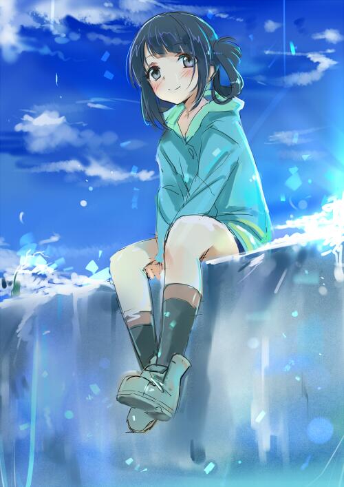 1girl aqua_hoodie black_hair black_socks blue_sky blush closed_mouth cloud cloudy_sky folded_hair folded_twintails grey_shoes hood hoodie long_hair long_sleeves looking_at_viewer maigoyaki nagi_no_asukara shiodome_miuna shoes shorts sitting sitting_on_water sky smile socks solo twintails water waterfall