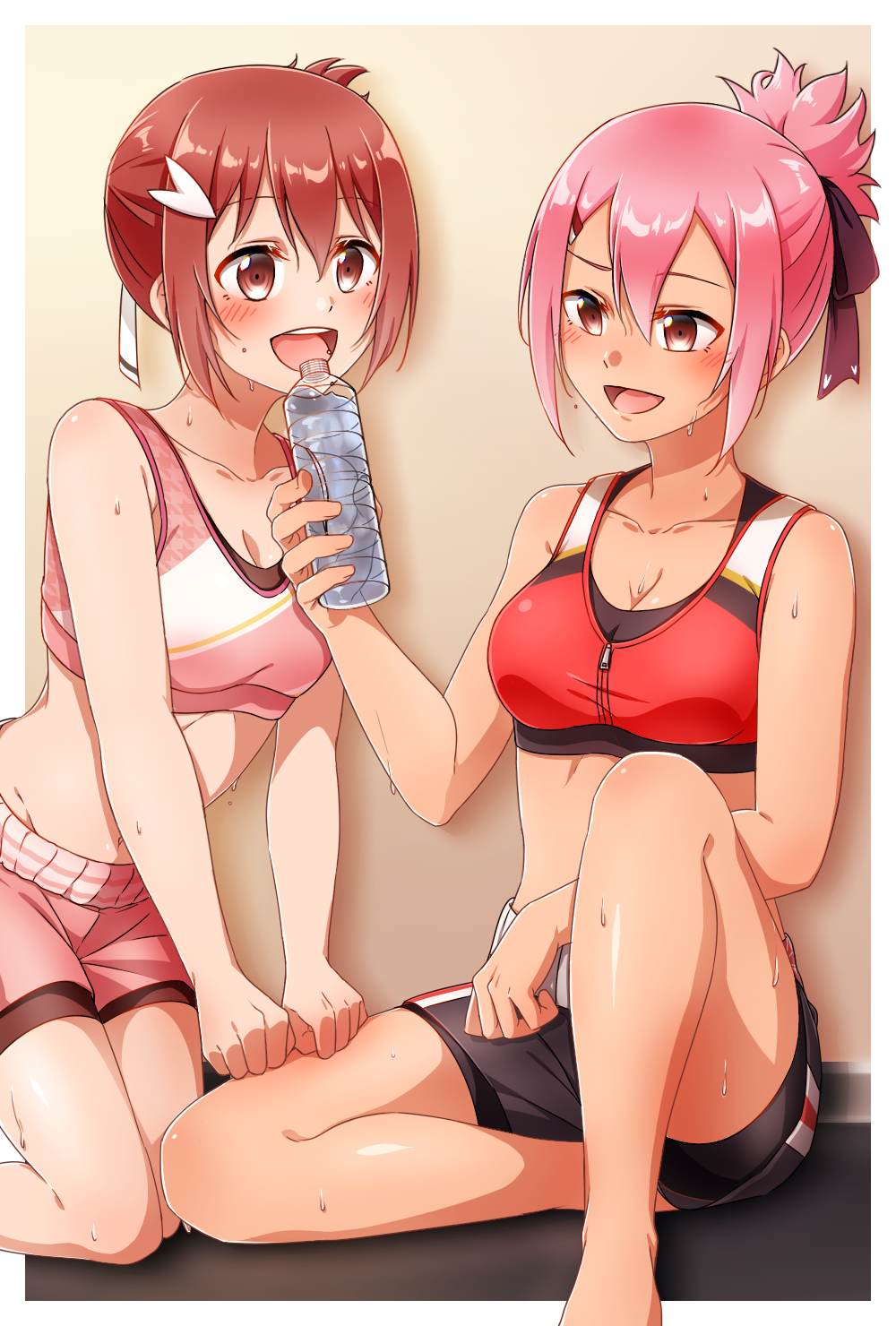2girls :d akamine_yuuna bare_arms barefoot bike_shorts bike_shorts_under_shorts black_shorts blush bottle breasts brown_eyes cleavage eda_udon highres holding holding_bottle kneeling medium_breasts midriff multiple_girls open_mouth pink_hair pink_shorts pink_sports_bra plastic_bottle red_hair red_sports_bra short_hair short_shorts shorts siblings sisters sitting small_breasts smile sports_bra stomach sweatdrop water_bottle yuuki_yuuna yuuki_yuuna_wa_yuusha_de_aru yuusha_de_aru