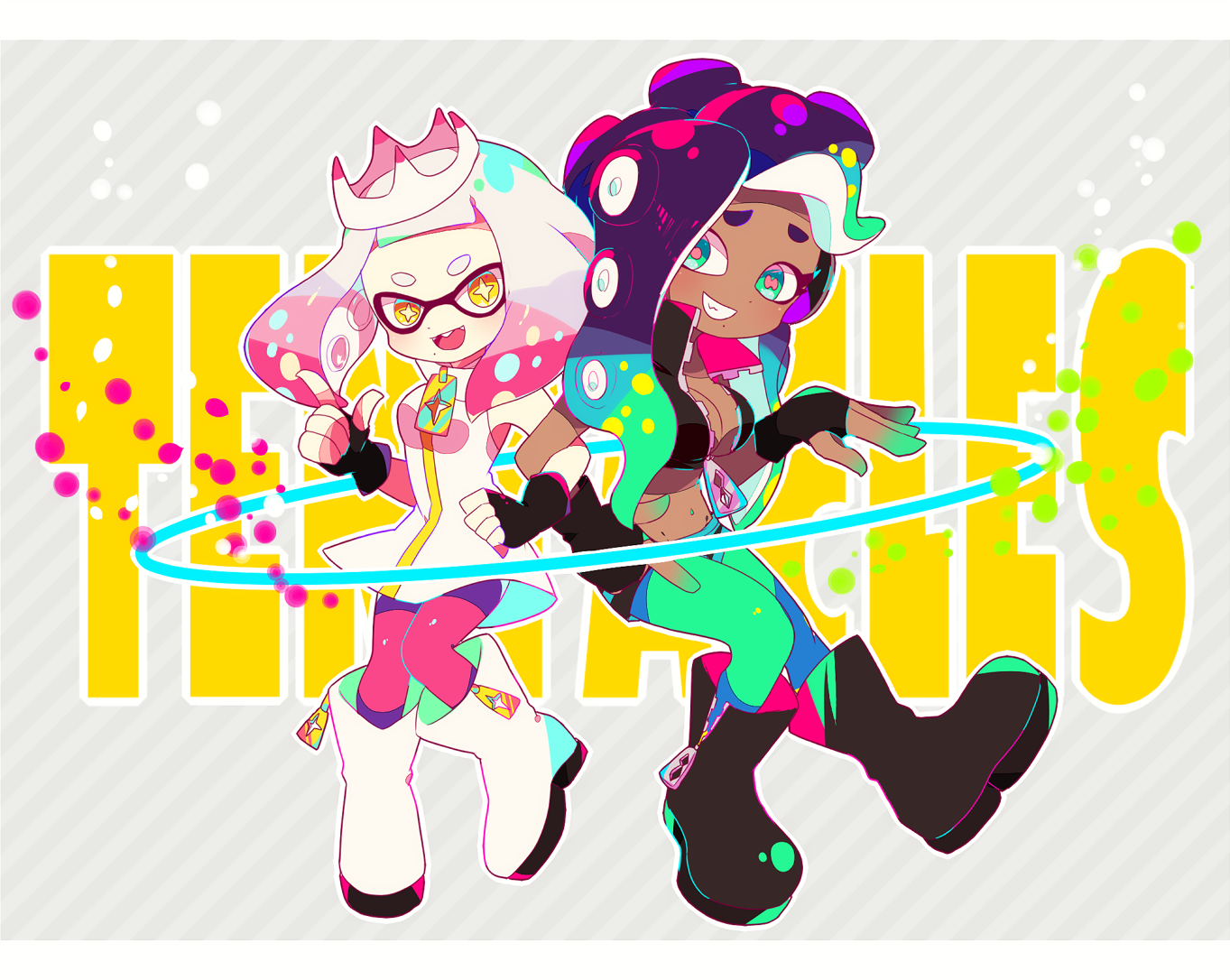 2girls aqua_eyes aqua_hair aqua_pantyhose black_footwear black_gloves black_shirt black_shorts blunt_bangs boots breasts cephalopod_eyes cleavage colored_extremities commentary_request crop_top cross-shaped_pupils crown dark-skinned_female dark_skin dress fingerless_gloves full_body furrowed_brow gloves grin hand_on_own_hip hand_up headphones horizontal_pupils index_finger_raised inkling large_breasts locked_arms long_hair marina_(off_the_hook_outfit)_(splatoon) marina_(splatoon) medium_hair midriff mole mole_under_mouth multicolored_hair multiple_girls navel_piercing nintendo octoling open_mouth pantyhose pantyhose_under_shorts parted_bangs pearl_(off_the_hook_outfit)_(splatoon) pearl_(splatoon) piercing pink_hair pink_pantyhose pink_pupils purple_hair shirt short_bangs shorts sleeveless sleeveless_dress smile splatoon_(series) splatoon_2 symbol-shaped_pupils tilted_headwear two-tone_hair white_crown white_dress white_footwear white_hair whitedays yellow_eyes zipper zipper_pull_tab