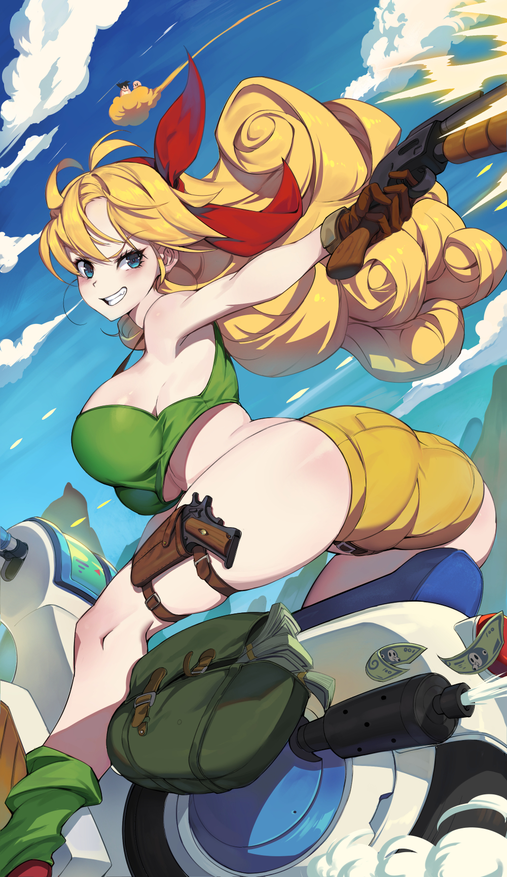 1girl 2boys ass banknote breasts cloud crop_top curly_hair dollar_bill dragon_ball dragon_ball_(classic) driving firing flying_nimbus green_socks green_tank_top grin gun hairband highres holster kuririn large_breasts long_hair looking_back lunch_(bad)_(dragon_ball) lunch_(dragon_ball) money motor_vehicle motorcycle mountain multiple_boys red_hairband revision rodway scouter short_shorts shorts sky smile socks solo_focus son_goku tank_top thigh_holster weapon yellow_shorts