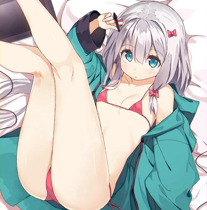 10s 1girl aqua_eyes areola_slip arm_up ascii_media_works bare_legs bikini bow breasts closed_mouth drawing_tablet eromanga_sensei female_focus flat_chest hair_between_eyes hair_bow holding izumi_sagiri jacket kneepits knees_together_feet_apart legs loli long_hair looking_at_viewer low-tied_long_hair lying nauribon on_back open_clothes open_jacket pillow pink_bow red_bikini side-tie_bikini_bottom silver_hair small_breasts solo stylus swimsuit tareme thighs untied_bikini