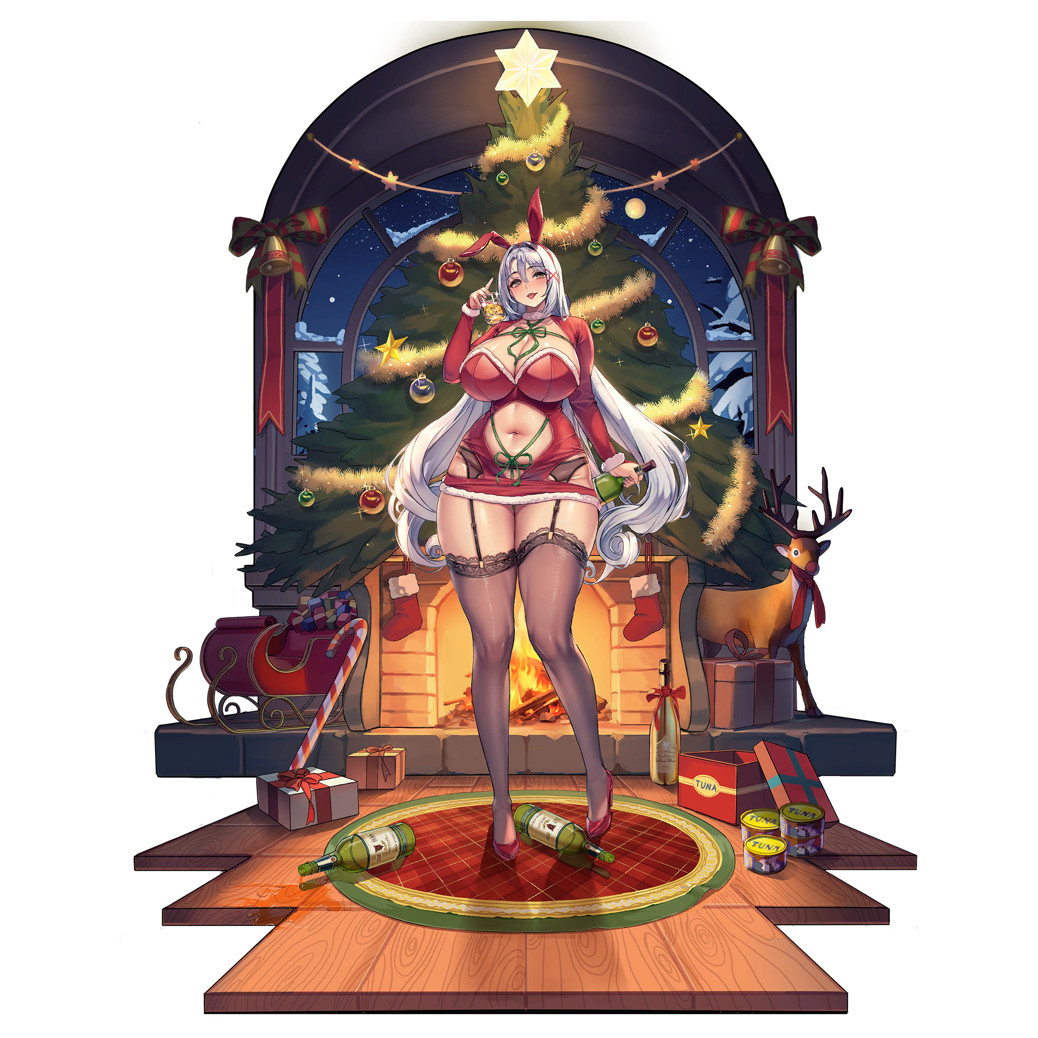 1girl @_@ animal_ears bell between_breasts black_thighhighs blush bottle breasts can candy candy_cane canned_tuna checkered_carpet christmas_ornaments christmas_present christmas_star christmas_stocking christmas_tree circe_(last_origin) cleavage clothing_cutout collarbone cup detached_sleeves dress drinking_glass drunk empty_bottle english_text fake_animal_ears fir_tree fire fireplace food framed_breasts full_body fur-trimmed_dress fur-trimmed_sleeves fur_collar fur_trim garter_belt gift glass_bottle green_eyes green_ribbon grey_hair hair_between_eyes hair_intakes hair_ornament high_heels highres hip_vent holding holding_bottle holding_cup huge_breasts ice ice_cube indoors lace lace-trimmed_thighhighs lace_trim last_origin leotard long_hair looking_at_viewer navel night night_sky official_alternate_costume official_art open_gift playboy_bunny rabbit_ears red_carpet red_dress red_footwear red_nose red_ribbon reindeer ribbon santa_costume santa_dress short_dress simple_background sky sleigh snow solo spilling standing star_(sky) stomach_cutout strapless strapless_dress tachi-e taut_clothes taut_dress thick_thighs thighhighs thighs third-party_source tongue tongue_out transparent_background tree window wine_bottle wine_glass wooden_floor wow_(cor369) wrapped_up x_hair_ornament
