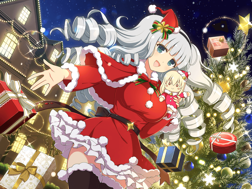 box breasts character_doll christmas christmas_ornaments christmas_tree doll dress drill_hair gift gift_box ginrei_(senran_kagura) green_eyes grey_hair hairband hat holding holding_doll house large_breasts leo_(senran_kagura) long_hair night night_sky non-web_source official_art open_mouth outstretched_hand santa_costume santa_dress santa_hat senran_kagura senran_kagura_new_link sky smile star_(symbol) thighhighs