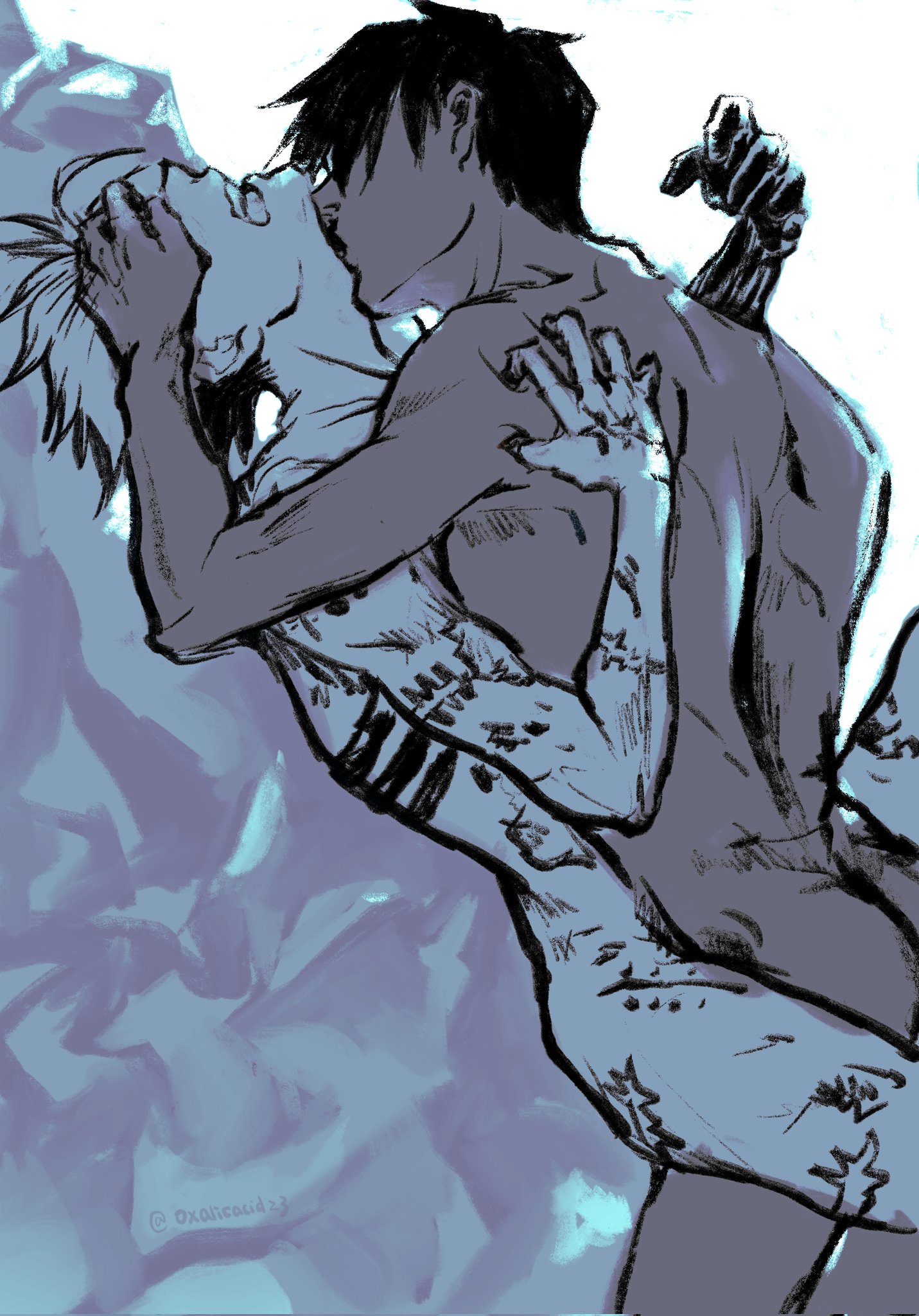 2boys arm_up between_legs chinese_commentary commentary_request completely_nude covering_another's_eyes dark-skinned_male dark_skin hand_on_another's_back highres kiss kissing_neck male_focus male_penetrated multiple_boys nicholas_d._wolfwood nude open_mouth oxalicacid23 prosthesis prosthetic_arm scar scars_all_over scratching_back short_hair too_many trigun vash_the_stampede white_background yaoi