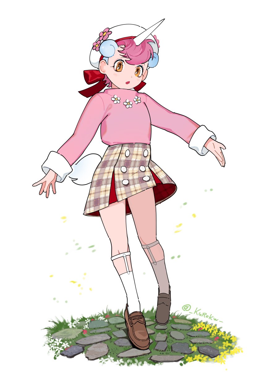 1girl beige_skirt beret bow brown_shoes cobblestone commentary_request hair_bow hat highres horns kemono_friends kemono_friends_3 kurokw legwear_garter loafers long_sleeves official_alternate_costume orange_eyes pink_hair pink_sweater plaid_clothes plaid_skirt pleated_skirt red_bow shoes short_hair single_horn skirt sleeve_cuffs socks solo sweater unico unico_(character) unico_(kemono_friends) unicorn_girl white_hat white_socks
