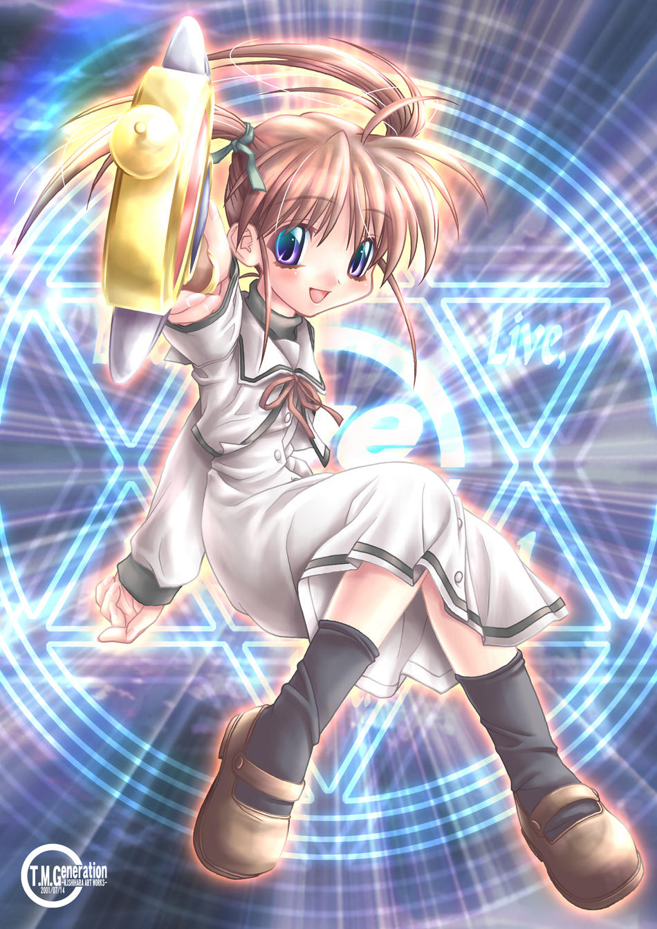 00s 1girl brown_hair child dated female_focus highres ishihara_masumi laughing lyrical_nanoha magic magic_circle mahou_shoujo_lyrical_nanoha purple_eyes red_hair solo takamachi_nanoha triangle_heart triangle_heart_3 triangle_heart_3_lyrical_toy_box twintails uniform