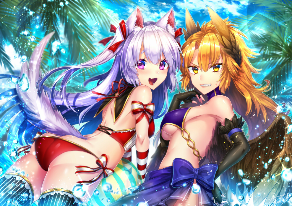 2girls :d animal_ears ass bad_id bad_pixiv_id bikini bikini_top_only black_gloves black_legwear blonde_hair blue_bow blue_skirt blue_sky bow brown_feathers brown_wings butt_crack choker day elbow_gloves feather_hair_ornament feathered_wings feathers fingerless_gloves floating_hair fox_ears fox_tail gloves hair_ornament hair_ribbon kamuinii lens_flare long_hair looking_at_viewer looking_back multiple_girls neck_ribbon open_mouth original outdoors palm_tree purple_bikini purple_eyes red_bikini red_ribbon ribbon skirt sky smile sparkle striped_clothes striped_gloves striped_legwear striped_thighhighs swimsuit tail thighhighs tree vertical-striped_clothes vertical-striped_legwear vertical-striped_thighhighs very_long_hair white_bow wings