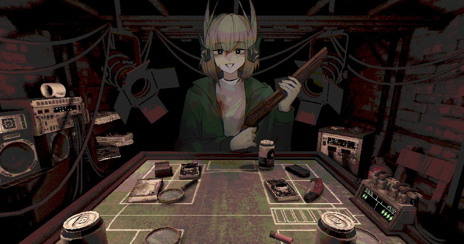 1girl blood blood_on_clothes blood_on_face buckshot_roulette can casino_card_table green_jacket gun headgear headphones holding holding_gun holding_weapon jacket liv_(pgr) magnifying_glass pump_action punishing:_gray_raven shirt solo stereo table tacowo weapon white_shirt