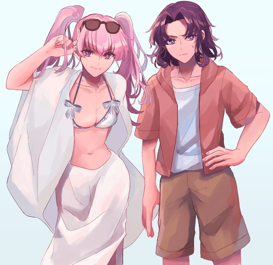 1boy 1girl bikini breasts cleavage closed_mouth erk_(fire_emblem) eyewear_on_head fire_emblem fire_emblem:_the_blazing_blade kabitakamaboko nintendo pink_hair purple_eyes purple_hair serra_(fire_emblem) short_hair short_sleeves shorts simple_background smile sunglasses swimsuit twintails