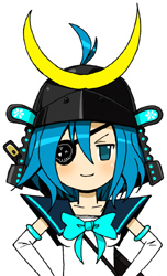 &gt;:) 1girl antenna_hair armor bad_source black_helmet blue_bow blue_bowtie blue_eyes blue_hair bow bowtie closed_mouth collarbone commentary_request eyepatch helmet japanese_armor kabuto_(helmet) lowres maso_(ascii_art) onegai!_ranking onegai_blue shikoro short_hair simple_background smile solo upper_body v-shaped_eyebrows white_background
