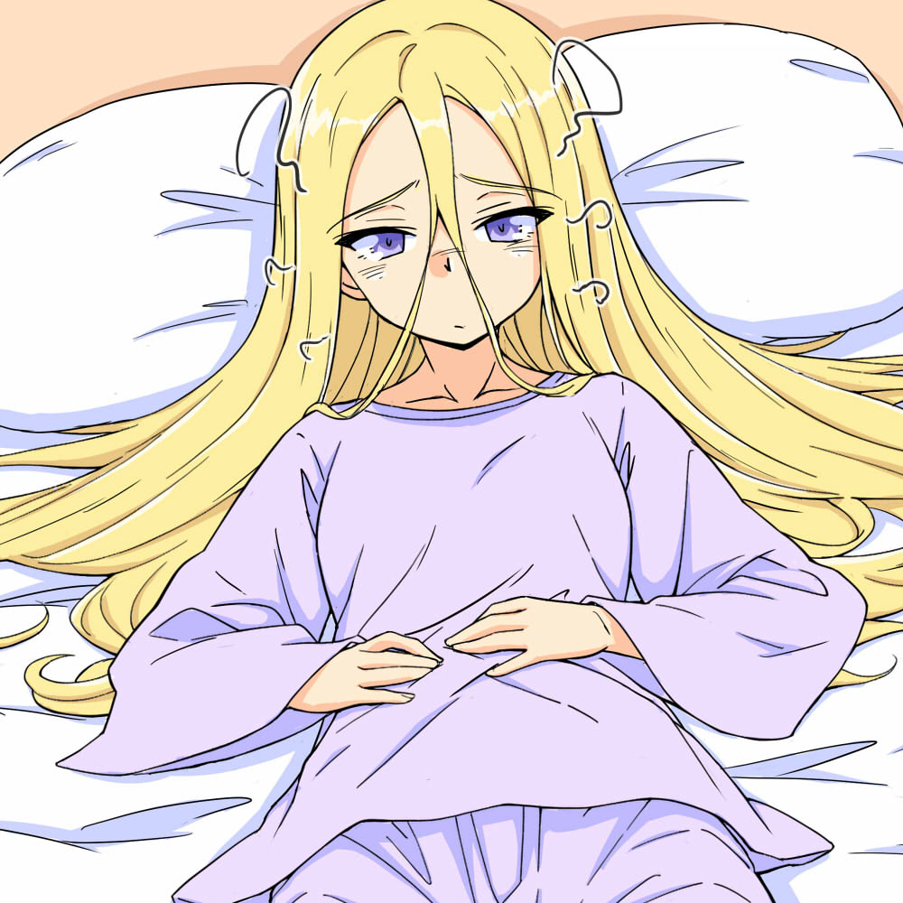 1girl alternate_costume alternate_hairstyle assam_(girls_und_panzer) bed_sheet blonde_hair girls_und_panzer hair_down hands_on_own_stomach long_hair long_sleeves lying on_back on_bed pajamas pillow purple_eyes purple_pajamas renshiu sleepwear sleepy