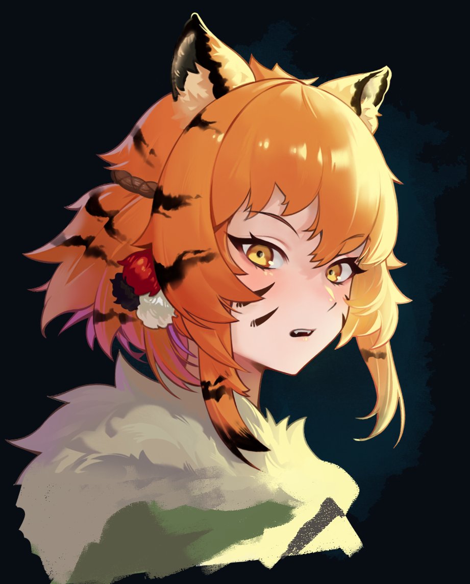 1girl animal_ears animal_print black_background black_hair close-up eyelashes facial_mark fur_collar gemi_ningen hair_between_eyes hair_ornament looking_at_another multicolored_hair orange_hair original parted_lips pathfinder portrait sidelocks solo teeth tiger_ears tiger_girl tiger_print upper_teeth_only yellow_eyes