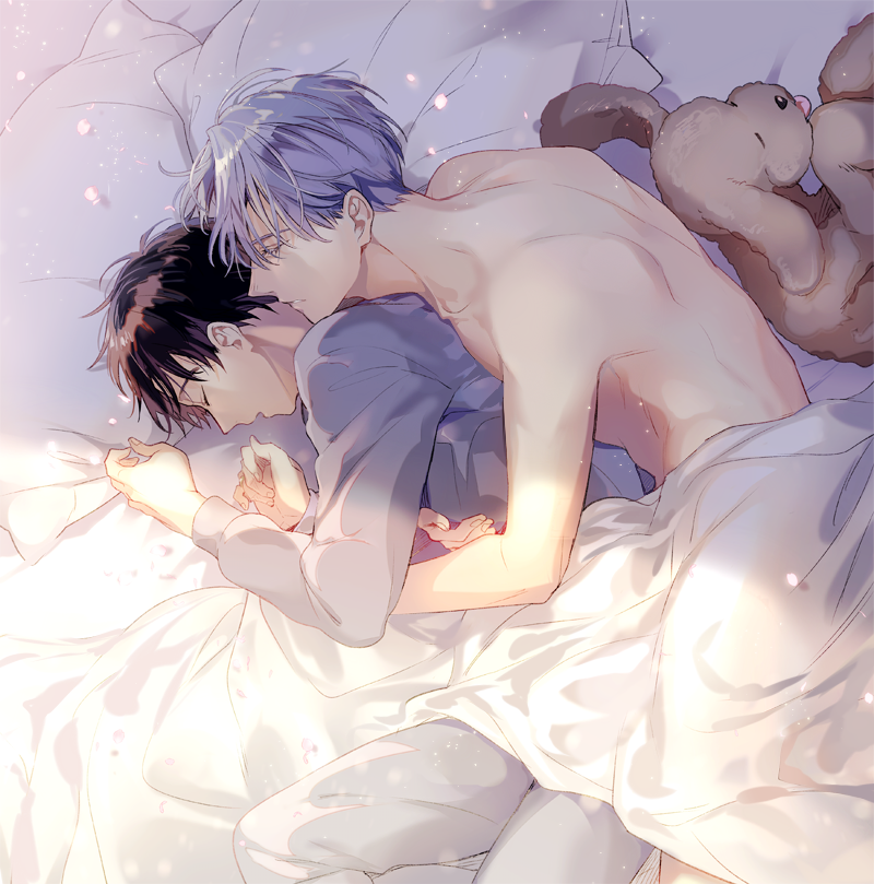 2boys black_hair clothed_male_nude_male dog closed_eyes hug hug_from_behind katsuki_yuuri kuroemon lying makkachin male_focus multiple_boys nude on_side petals pillow silver_hair sleeping topless_male under_covers viktor_nikiforov yaoi yuri!!!_on_ice