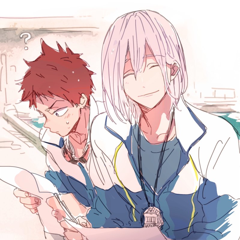 2boys ? edanaka closed_eyes goggles high_speed! looking_at_viewer male_focus multiple_boys paper purple_hair red_hair serizawa_nao shiina_asahi short_hair smile stopwatch