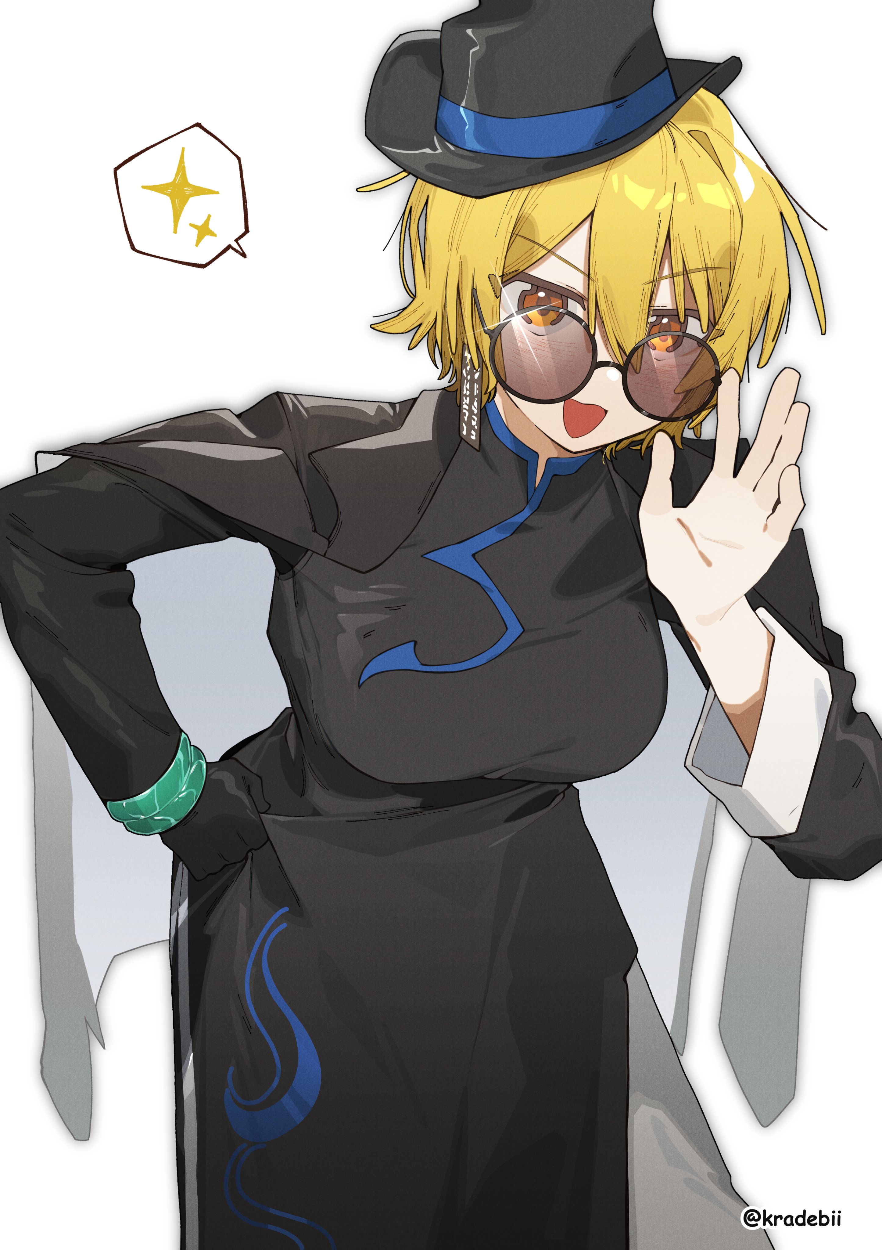 1girl :3 absurdres black_dress black_gloves black_hat black_jacket blonde_hair don_quixote_(project_moon) dress earrings cinq_association_east_uniform gloves hat highres jacket jacket_on_shoulders jade_bracelet jewelry kradebii limbus_company long_sleeves looking_at_viewer ofuda_earrings open_mouth orange_eyes project_moon short_hair simple_background single_glove smile solo white_background
