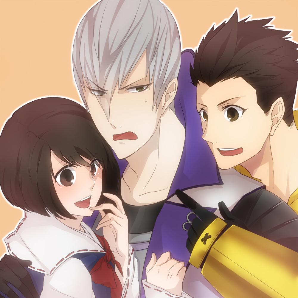 1girl 2boys :d brown_eyes brown_hair eyes_visible_through_hair green_eyes grey_hair hair_between_eyes hand_on_another&#039;s_back height_difference ishida_mitsunari_(sengoku_basara) makaron611 male_focus multiple_boys open_mouth orange_background outline sengoku_basara smile sweatdrop tokugawa_ieyasu_(sengoku_basara) tsuruhime_(sengoku_basara) white_outline