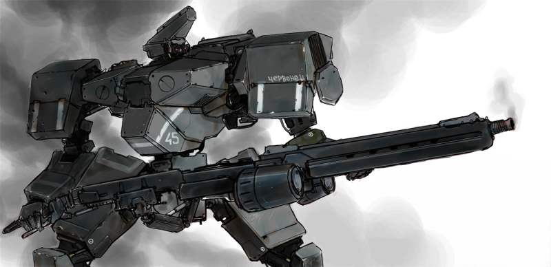 alien_(series) aliens_(1986) caseless_firearm character_request cloud commentary_request concept_art crossover electronic_firearm front_mission front_mission_4 front_mission_5 gun heavy_machine_gun izo_(bjc000510) m56_smartgun machine_gun machinery mecha mecha_focus no_humans original robot science_fiction sketch smoke upper_body weapon