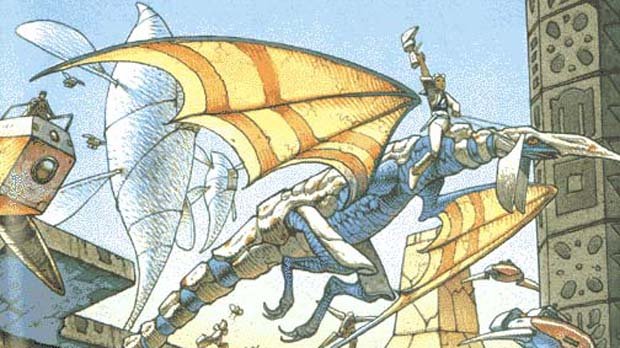 1boy dragon flying goggles goggles_on_head gun handgun keil_fluge moebius official_art panzer_dragoon sega weapon wings