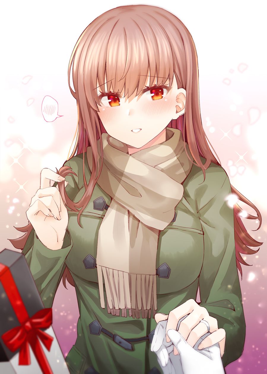 1girl blush brown_eyes brown_hair brown_scarf coat green_coat highres kantai_collection long_hair long_sleeves looking_at_viewer official_alternate_costume ooi_(kancolle) ooi_(valentine)_(kancolle) rui_shi_(rayze_ray) scarf smile solo_focus speech_bubble spoken_blush