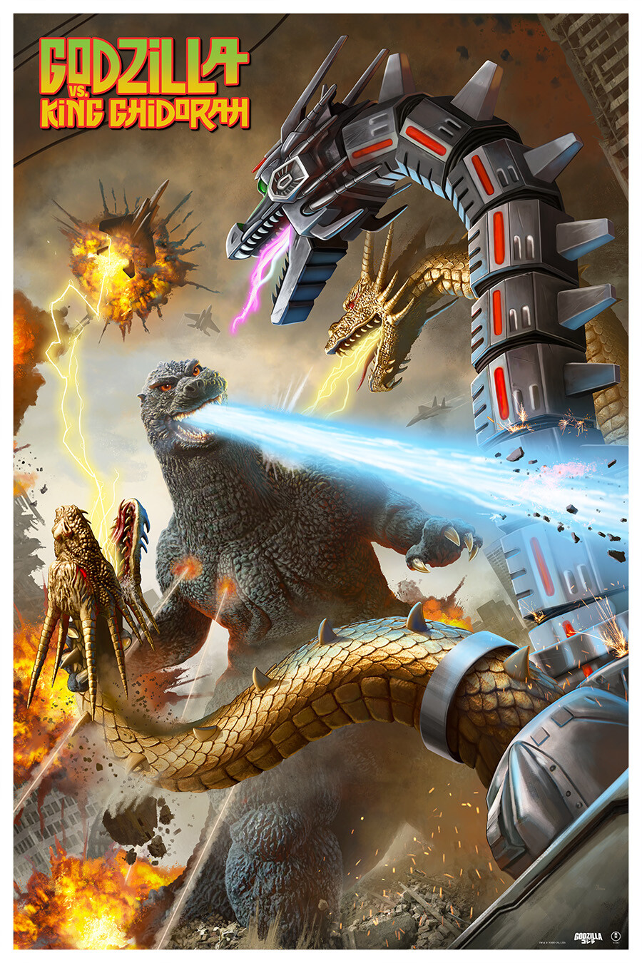 aircraft airplane amputee atomic_breath breath_weapon breathing_lightning building claws cloud cloudy_sky cyborg day debris destruction dinosaur dragon dust ears electricity electrokinesis energy energy_beam english_text epic explosion extra_teeth f-15_eagle forked_tongue giant giant_monster giant_robot godzilla godzilla_(series) godzilla_vs._king_ghidorah gravity_beam green_eyes highres hydra kaiju king_ghidorah laser mecha mecha-king_ghidorah metal_wings military monster mouth_beam multiple_heads muscular muscular_arms muscular_legs muscular_other no_humans no_pupils official_art open_mouth orange_eyes overcast pablo_olivera pectorals plasma plasma_beam pointy_ears prosthesis prosthetic_head prosthetic_wing realistic red_eyes robot rubble sky skyscraper smoke solar_panel solar_panel_wings sparks spikes tail tendril thick_thighs thighs toho tongue tongue_out triple-laser_beam variant_set wings