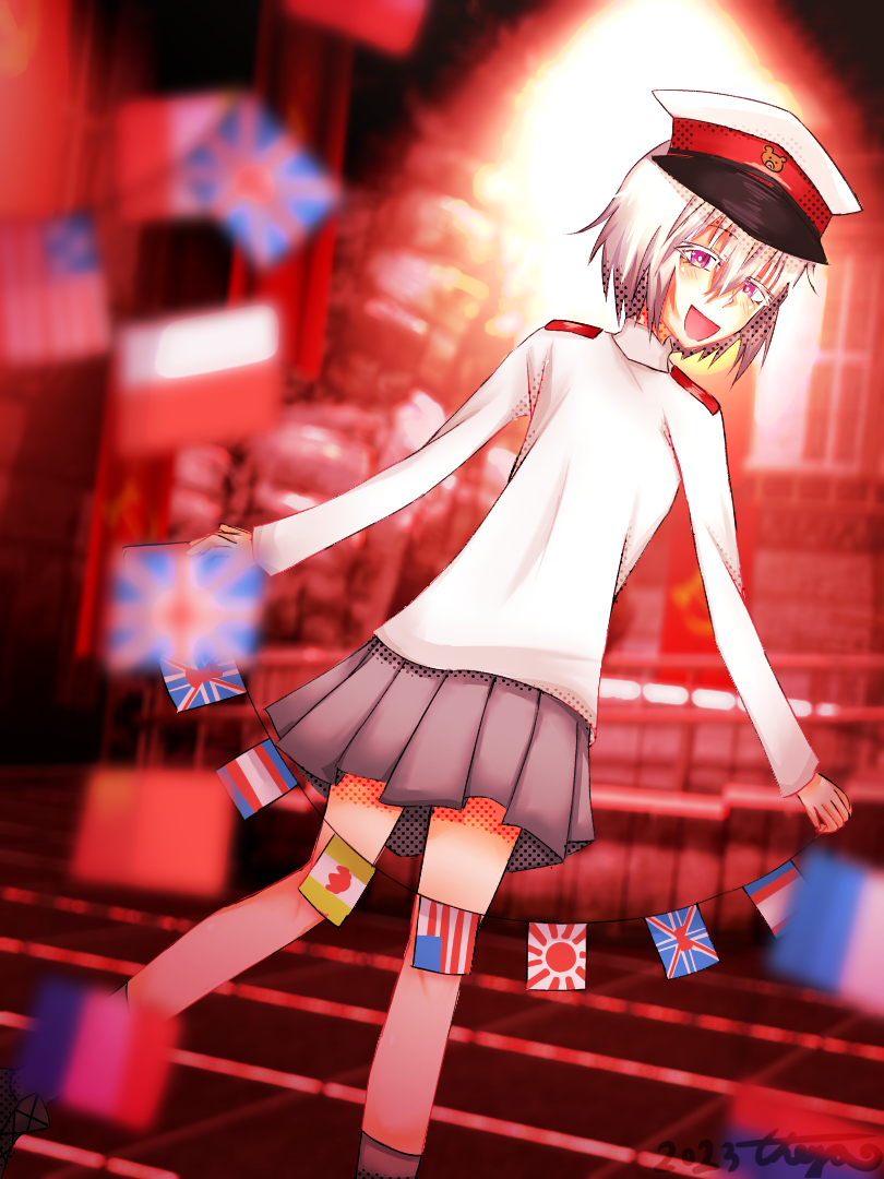 evil_smile flags_of_all_nations grey_skirt looking_at_viewer military_uniform miniskirt my_little_dictator non-web_source red_eyes self-upload shirt skirt smile string_of_flags turning_head video_game white_hair white_headwear white_shirt