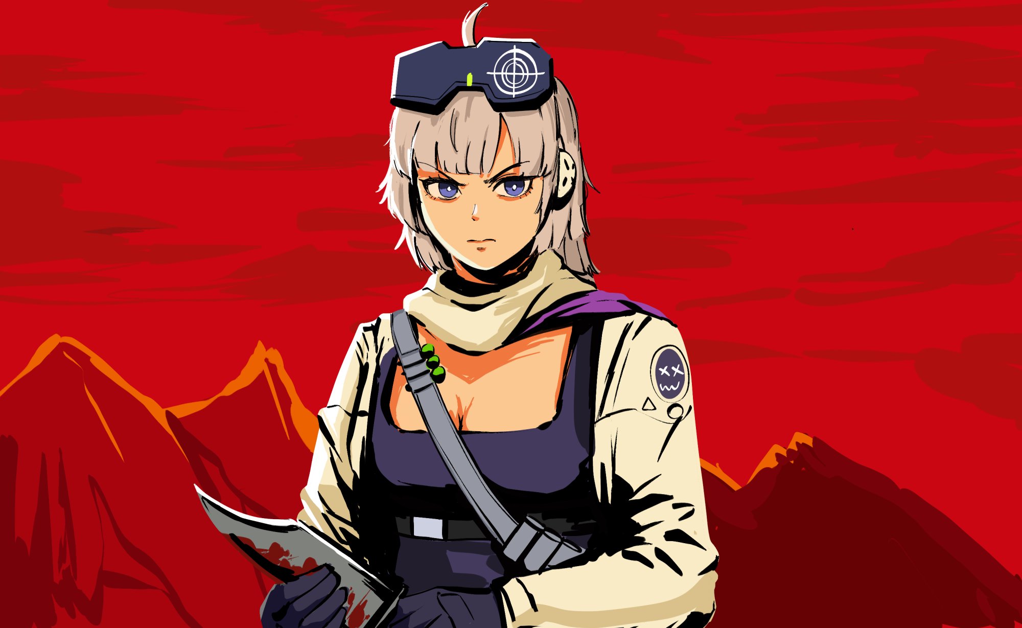 1girl aa-12_(girls'_frontline) ahoge blood bloody_knife blue_eyes breasts closed_mouth girls'_frontline girls'_frontline_2:_exilium grey_hair gun highres holding holding_knife jacket knife lind_(girls'_frontline_2) looking_at_viewer mountainous_horizon open_clothes open_jacket parabellum parody red_dead_redemption_(series) red_dead_redemption_2 red_sky short_hair sky solo upper_body weapon white_jacket