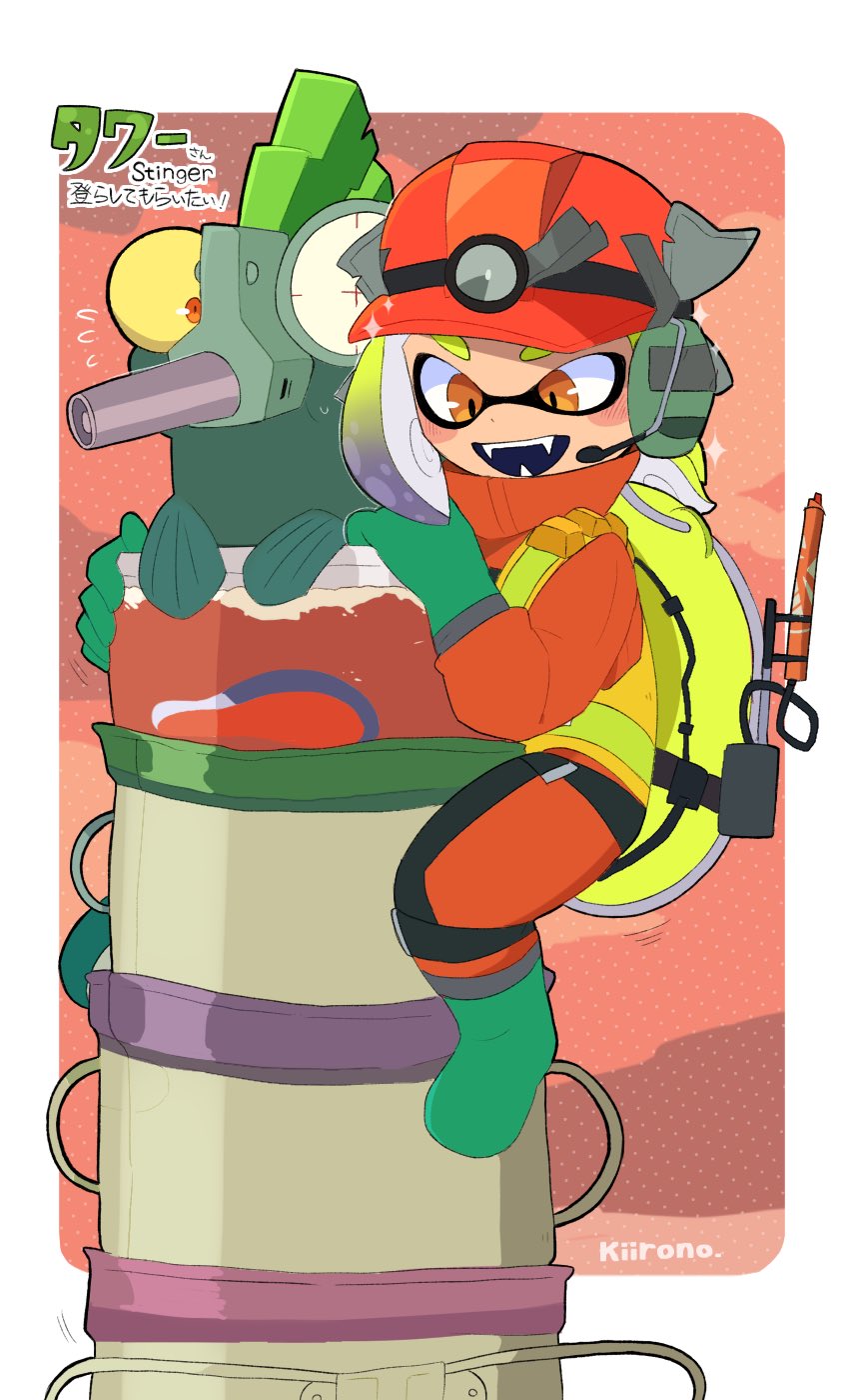 1boy 1other boots brown_eyes character_name fangs flying_sweatdrops gloves green_footwear green_gloves green_hair headphones headset helmet high-visibility_clothing high-visibility_vest highres inkling inkling_boy inkling_player_character kiirono multicolored_hair nintendo open_mouth purple_hair rubber_gloves salmon_run_(splatoon) signature simple_background sparkle splatoon_(series) stinger_(splatoon) tentacle_hair yellow_eyes