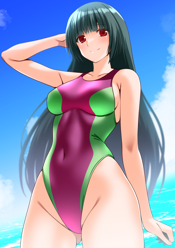 1girl arm_at_side arm_up bare_arms bare_shoulders blunt_bangs blush breasts closed_mouth collarbone commission competition_swimsuit engo_(aquawatery) green_hair groin hand_in_own_hair highleg highleg_one-piece_swimsuit himuro_shizuku long_hair looking_at_viewer medium_breasts multicolored_one-piece_swimsuit navel ocean one-piece_swimsuit outdoors pixiv_commission red_eyes smile solo swimsuit wrestle_angels