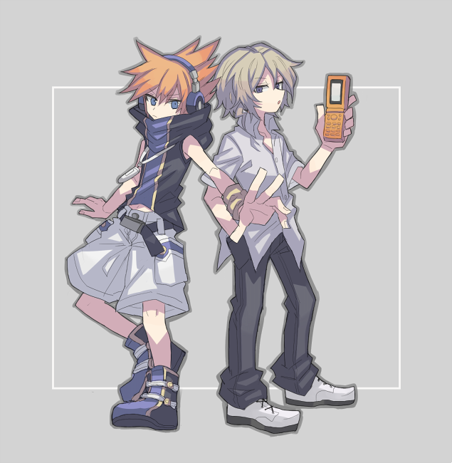 2boys blue_eyes cellphone commentary digital_media_player digital_walkman flip_phone full_body grey_background grey_hair hand_in_pocket headphones holding holding_phone kiryu_yoshiya looking_at_viewer male_focus multiple_boys open_mouth orange_hair ozma16 phone purple_eyes purple_headphones sakuraba_neku shirt short_hair shorts simple_background sleeveless spiked_hair standing subarashiki_kono_sekai white_shorts wristband
