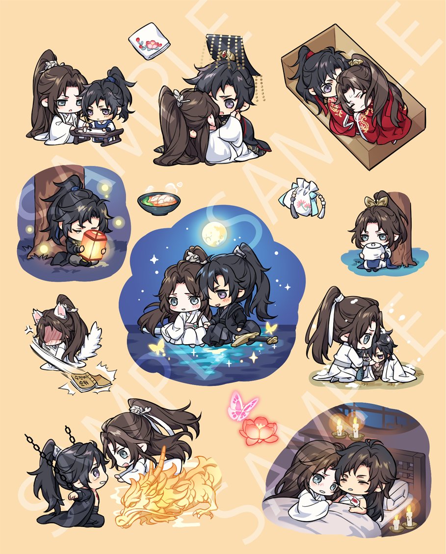 2boys aged_down anger_vein animal_ears bandaged_chest bandages beads black_boots black_hair black_hanfu blood bloody_bandages blue_eyes blue_hanfu blush book boots box brown_hair bug butterfly calligraphy_brush candle cat_ears cat_tail chain chibi chibi_only chinese_clothes chinese_wedding chu_wanning closed_eyes closed_mouth cooking_pot crying crying_with_eyes_open cuffs desk dragon eastern_dragon erha_he_ta_de_bai_mao_shizun fireflies floating floating_object floating_sword floating_weapon flower food full_body full_moon furrowed_brow glowing_butterfly grey_pants guan_hat hair_down hair_ribbon half_updo hand_on_another&#039;s_back handkerchief hanfu head_on_pillow high_ponytail holding holding_calligraphy_brush holding_cooking_pot holding_lantern holding_paintbrush in_box in_container indoors insect kemonomimi_mode korean_commentary lantern lattice long_hair long_sleeves looking_at_another lotus male_focus mian_guan mo_ran moon multiple_boys multiple_views on_bed open_mouth orange_background paintbrush pants pillow ponytail pouch purple_eyes red_ribbon ribbon shackles single_tear sitting sitting_on_weapon snow soup spoilers star_(sky) sweatdrop sword tail taxian-jun tears torn_clothes tree under_covers water weapon white_hanfu white_ribbon wonton writing xia_sini xiao_guan_(headdress) yaoi zehel_az