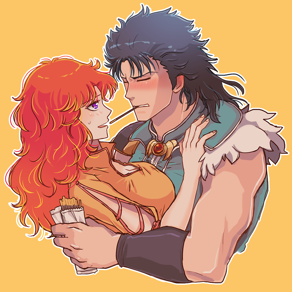 1boy 1girl bad_id bad_pixiv_id black_hair blush breasts cleavage closed_eyes food hokuto_no_ken holding large_breasts mamiya_(hokuto_no_ken) mayuzumi mouth_hold muscular open_mouth orange_hair outline pocky purple_eyes rei_(hokuto_no_ken) sweatdrop