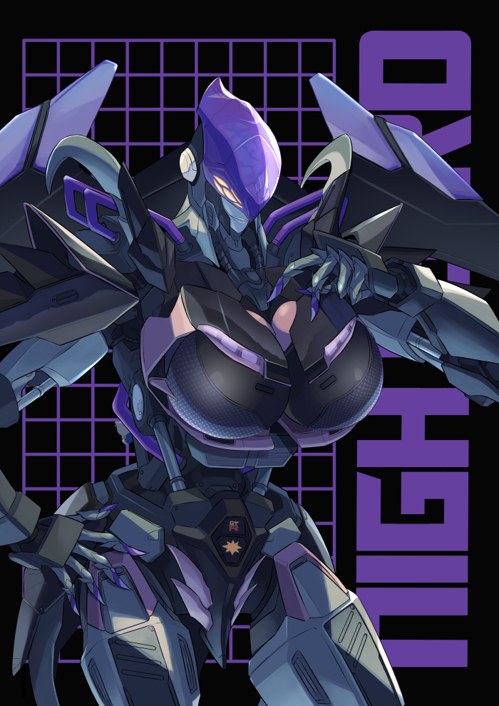1girl black_background breasts character_name ema_(emaura) extra_eyes hand_on_own_hip large_breasts logo mecha nightbird_(transformers) nissan nissan_skyline nissan_skyline_gt-r nissan_skyline_r33 open_hand piston robot smile solo transformers transformers:_rise_of_the_beasts transformers_(live_action) yellow_eyes
